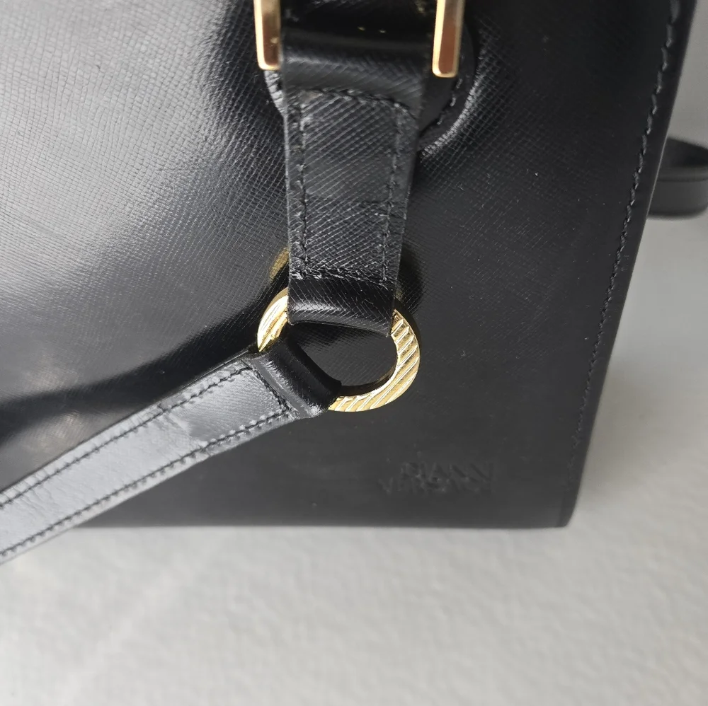 New Gianni Versace 2-Way Sunburst Black/Gold Leather Handbag w Dustbag - Picture 9 of 11